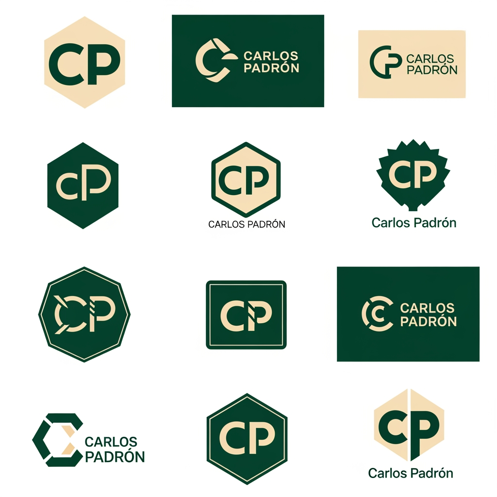 AI Design for me falta un favicon para mi web personal que tambien podría poner en el header junto a mi nombre o sustituyendolo.  Puedes diseñarme 10 favicons que me sirvan como logo tambien para mi web? quiero que contenga una C y una P porque mi nombre es carlos padron. La web es mi portfolio como desarrollador full-stack por si te sirve de ayuda. Quiero que sean logos profesionales, elegantes y llamativos. con la paleta de colores verde bosque (#0d3c26) y crema/beige (#f4eee3). Se original. Busca inspiración en internet y en los logos de grandes marcas y sorprendeme con 10 diseños únicos.