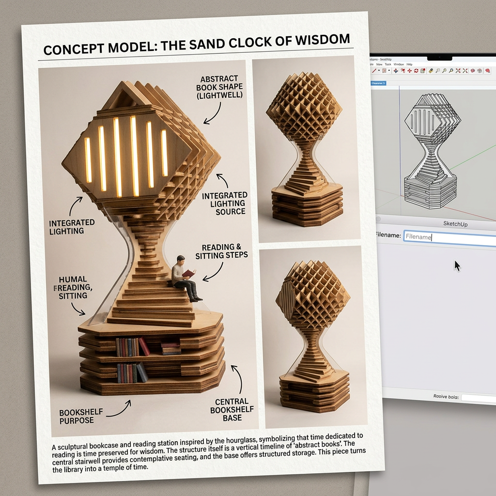 AI Design for understand the concept. i am doing this for an assignment which is, Design an innovative piece of furniture suitable for an interior environment and develop a physical model that expresses your own concept, creativity, and design thinking. provide skecthup views, skp file so that i can edit, and more of these: -Take photographs of the completed model (choose views as needed). -Arrange and paste the photographs on one A4-size page. -Write a short explanation (50–100 words) describing: Your design idea/Inspiration behind the furniture/Function and concept of the furniture...