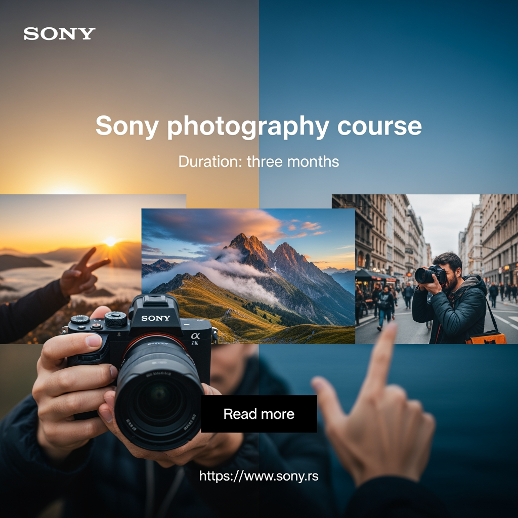 AI Design for The aim of the assignment is to come up with a conceptual solution for web banners for the Sony photography course, in three
different dimensions. Banners would appear on various sites and on You Tube
clips.
• The purpose of a banner is to interest viewers to click on it and see more
information about the course itself and, of course, to possibly apply for it.
• It is necessary to use attractive content to convey to observers what it would be like after completion
they could do the course themselves and thus attract them
Information that must be on the banners: (you can do otherwise
formulate the text, order of words but all information to be highlighted):
• Title: Sony photography course.
• Duration: three months.
• Web address: https://www.
sony
• Current Sony logo
.rs
• Photo or multiple photos, or composite as image content
• CTA (call-to-action) button that calls to action, (Read more, Sign up...)
• One banner must have animation, which will especially attract the attention of the observer and be in
style with other content
Dimensions and formats
●
●
●
Mandatory all three dimensions: (resolution 72px/in, color model: RGB):
300px x 250px
160px x 600px
728px x 90px
• JPG (or GIF for animation)
Mandatory formats for saving: (1 paper each in all three dimensions and in both formats, so
you place a total of 6 documents in the project folder):
• PSD (do not merge layers)
You can send your work to prof. Stanković for analysis during lectures, in JPEG format,
by the end of the current week at the latest.
Not allowed:
• Copy and imitate already existing solutions or use a template for similar ones
courses. Take the opportunity to create original work.
• Use the finished composite and another author's illustration for a complete one
image content of the banner. Create your own.
• Omit any required element or format, or element on
some format. i need 3 more banners.i need those pictures in that pixel formats that are in text i need 1 longer picture but not big