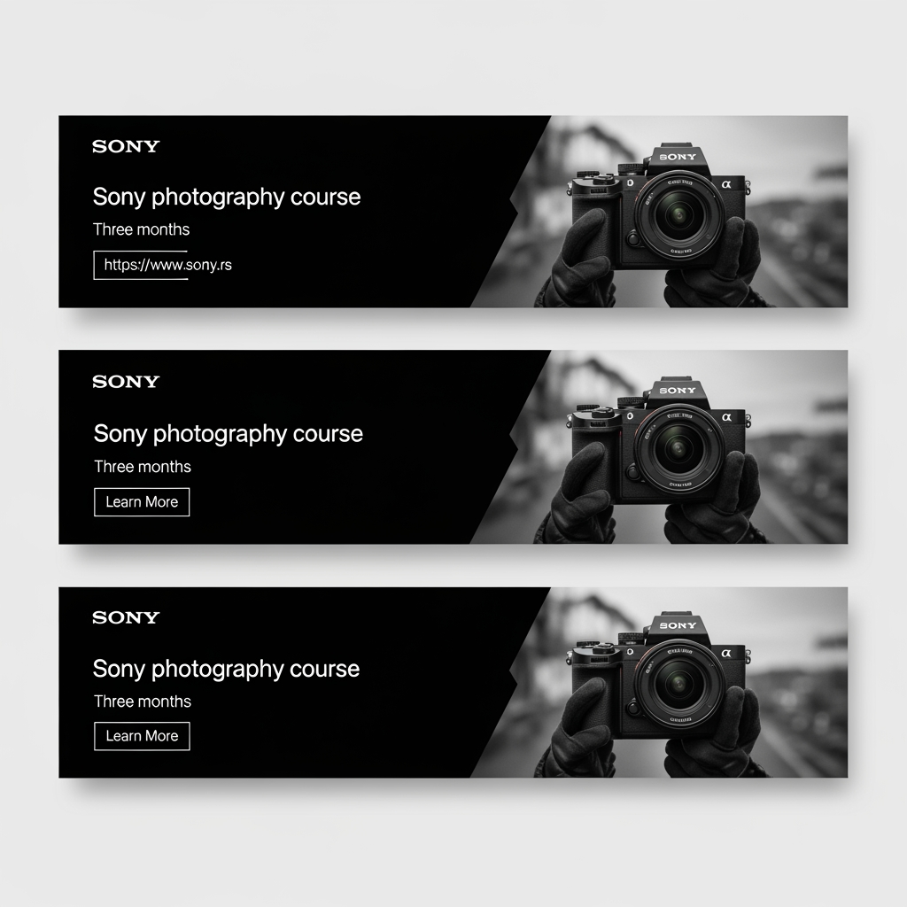 AI Design for The aim of the assignment is to come up with a conceptual solution for web banners for the Sony photography course, in three
different dimensions. Banners would appear on various sites and on You Tube
clips.
• The purpose of a banner is to interest viewers to click on it and see more
information about the course itself and, of course, to possibly apply for it.
• It is necessary to use attractive content to convey to observers what it would be like after completion
they could do the course themselves and thus attract them
Information that must be on the banners: (you can do otherwise
formulate the text, order of words but all information to be highlighted):
• Title: Sony photography course.
• Duration: three months.
• Web address: https://www.
sony
• Current Sony logo
.rs
• Photo or multiple photos, or composite as image content
• CTA (call-to-action) button that calls to action, (Read more, Sign up...)
• One banner must have animation, which will especially attract the attention of the observer and be in
style with other content
Dimensions and formats
●
●
●
Mandatory all three dimensions: (resolution 72px/in, color model: RGB):
300px x 250px
160px x 600px
728px x 90px
• JPG (or GIF for animation)
Mandatory formats for saving: (1 paper each in all three dimensions and in both formats, so
you place a total of 6 documents in the project folder):
• PSD (do not merge layers)
You can send your work to prof. Stanković for analysis during lectures, in JPEG format,
by the end of the current week at the latest.
Not allowed:
• Copy and imitate already existing solutions or use a template for similar ones
courses. Take the opportunity to create original work.
• Use the finished composite and another author's illustration for a complete one
image content of the banner. Create your own.
• Omit any required element or format, or element on
some format. i need 3 more banners.i need those pictures in that pixel formats that are in text