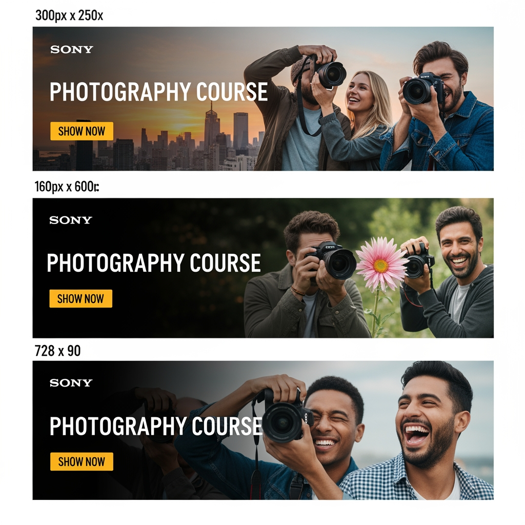 AI Design for The aim of the assignment is to come up with a conceptual solution for web banners for the Sony photography course, in three
different dimensions. Banners would appear on various sites and on You Tube
clips.
• The purpose of a banner is to interest viewers to click on it and see more
information about the course itself and, of course, to possibly apply for it.
• It is necessary to use attractive content to convey to observers what it would be like after completion
they could do the course themselves and thus attract them
Information that must be on the banners: (you can do otherwise
formulate the text, order of words but all information to be highlighted):
• Title: Sony photography course.
• Duration: three months.
• Web address: https://www.
sony
• Current Sony logo
.rs
• Photo or multiple photos, or composite as image content
• CTA (call-to-action) button that calls to action, (Read more, Sign up...)
• One banner must have animation, which will especially attract the attention of the observer and be in
style with other content
Dimensions and formats
●
●
●
Mandatory all three dimensions: (resolution 72px/in, color model: RGB):
300px x 250px
160px x 600px
728px x 90px
• JPG (or GIF for animation)
Mandatory formats for saving: (1 paper each in all three dimensions and in both formats, so
you place a total of 6 documents in the project folder):
• PSD (do not merge layers)
You can send your work to prof. Stanković for analysis during lectures, in JPEG format,
by the end of the current week at the latest.
Not allowed:
• Copy and imitate already existing solutions or use a template for similar ones
courses. Take the opportunity to create original work.
• Use the finished composite and another author's illustration for a complete one
image content of the banner. Create your own.
• Omit any required element or format, or element on
some format. i need 3 more banners.