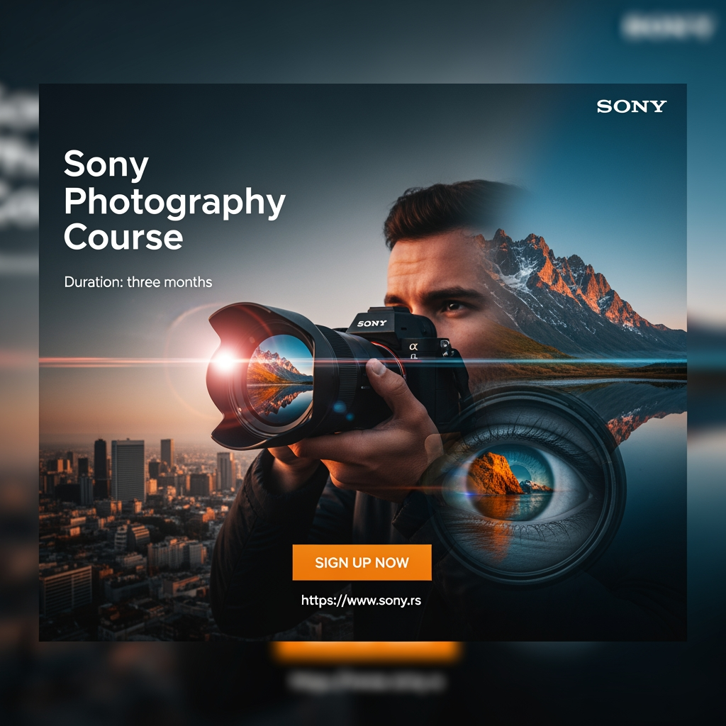 AI Design for The aim of the assignment is to come up with a conceptual solution for web banners for the Sony photography course, in three
different dimensions. Banners would appear on various sites and on You Tube
clips.
• The purpose of a banner is to interest viewers to click on it and see more
information about the course itself and, of course, to possibly apply for it.
• It is necessary to use attractive content to convey to observers what it would be like after completion
they could do the course themselves and thus attract them
Information that must be on the banners: (you can do otherwise
formulate the text, order of words but all information to be highlighted):
• Title: Sony photography course.
• Duration: three months.  
• Web address: https://www.
sony
• Current Sony logo
.rs
• Photo or multiple photos, or composite as image content
• CTA (call-to-action) button that calls to action, (Read more, Sign up...)
• One banner must have animation, which will especially attract the attention of the observer and be in
style with other content
Dimensions and formats
●
●
●
Mandatory all three dimensions: (resolution 72px/in, color model: RGB):
300px x 250px
160px x 600px
728px x 90px
• JPG (or GIF for animation)
Mandatory formats for saving: (1 paper each in all three dimensions and in both formats, so
you place a total of 6 documents in the project folder):
• PSD (do not merge layers)
You can send your work to prof. Stanković for analysis during lectures, in JPEG format,
by the end of the current week at the latest.
Not allowed:
• Copy and imitate already existing solutions or use a template for similar ones
courses. Take the opportunity to create original work.
• Use the finished composite and another author's illustration for a complete one
image content of the banner. Create your own.
• Omit any required element or format, or element on
some format.
