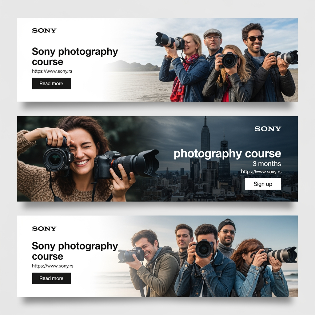 AI Design for The aim of the assignment is to come up with a conceptual solution for web banners for the Sony photography course, in three
different dimensions. Banners would appear on various sites and on You Tube
clips.
• The purpose of a banner is to interest viewers to click on it and see more
information about the course itself and, of course, to possibly apply for it.
• It is necessary to use attractive content to convey to observers what it would be like after completion
they could do the course themselves and thus attract them
Information that must be on the banners: (you can do otherwise
formulate the text, order of words but all information to be highlighted):
• Title: Sony photography course.
• Duration: three months.
• Web address: https://www.
sony
• Current Sony logo
.rs
• Photo or multiple photos, or composite as image content
• CTA (call-to-action) button that calls to action, (Read more, Sign up...)
• One banner must have animation, which will especially attract the attention of the observer and be in
style with other content
Dimensions and formats
●
●
●
Mandatory all three dimensions: (resolution 72px/in, color model: RGB):
300px x 250px
160px x 600px
728px x 90px
• JPG (or GIF for animation)
Mandatory formats for saving: (1 paper each in all three dimensions and in both formats, so
you place a total of 6 documents in the project folder):
• PSD (do not merge layers)
You can send your work to prof. Stanković for analysis during lectures, in JPEG format,
by the end of the current week at the latest.
Not allowed:
• Copy and imitate already existing solutions or use a template for similar ones
courses. Take the opportunity to create original work.
• Use the finished composite and another author's illustration for a complete one
image content of the banner. Create your own.
• Omit any required element or format, or element on
some format. i need 3 more banners.i need those pictures in that pixel formats that are in text