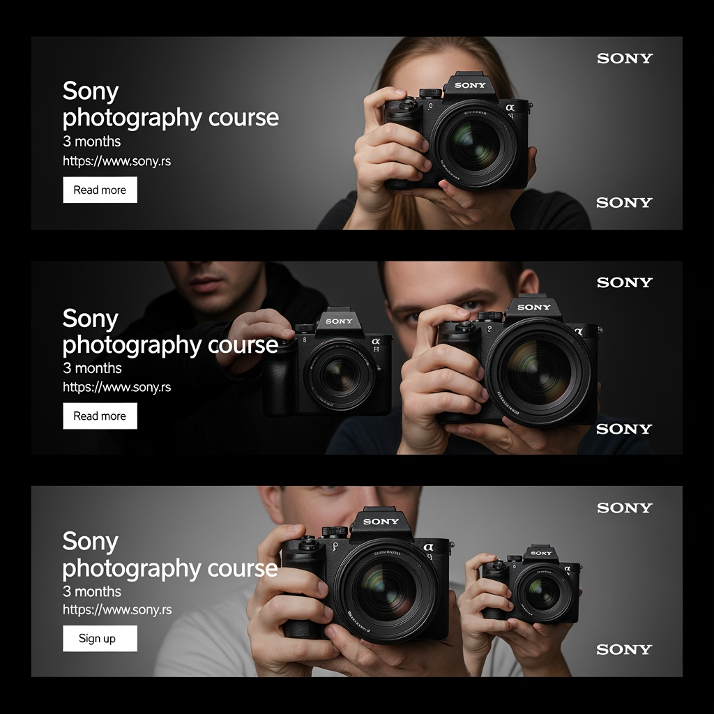 AI Design for The aim of the assignment is to come up with a conceptual solution for web banners for the Sony photography course, in three
different dimensions. Banners would appear on various sites and on You Tube
clips.
• The purpose of a banner is to interest viewers to click on it and see more
information about the course itself and, of course, to possibly apply for it.
• It is necessary to use attractive content to convey to observers what it would be like after completion
they could do the course themselves and thus attract them
Information that must be on the banners: (you can do otherwise
formulate the text, order of words but all information to be highlighted):
• Title: Sony photography course.
• Duration: three months.  
• Web address: https://www.
sony
• Current Sony logo
.rs
• Photo or multiple photos, or composite as image content
• CTA (call-to-action) button that calls to action, (Read more, Sign up...)
• One banner must have animation, which will especially attract the attention of the observer and be in
style with other content
Dimensions and formats
●
●
●
Mandatory all three dimensions: (resolution 72px/in, color model: RGB):
300px x 250px
160px x 600px
728px x 90px
• JPG (or GIF for animation)
Mandatory formats for saving: (1 paper each in all three dimensions and in both formats, so
you place a total of 6 documents in the project folder):
• PSD (do not merge layers)
You can send your work to prof. Stanković for analysis during lectures, in JPEG format,
by the end of the current week at the latest.
Not allowed:
• Copy and imitate already existing solutions or use a template for similar ones
courses. Take the opportunity to create original work.
• Use the finished composite and another author's illustration for a complete one
image content of the banner. Create your own.
• Omit any required element or format, or element on
some format.