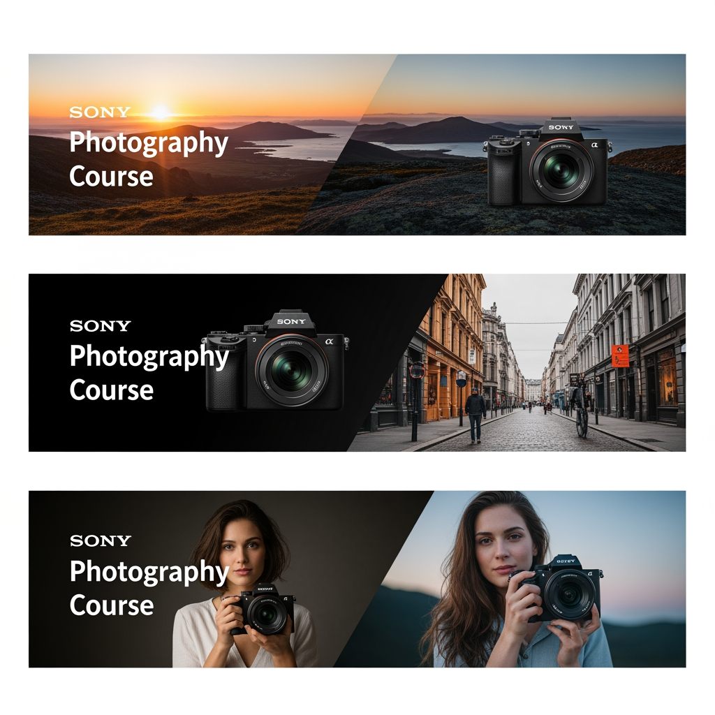 AI Design for The aim of the assignment is to come up with a conceptual solution for web banners for the Sony photography course, in three
different dimensions. Banners would appear on various sites and on You Tube
clips.
• The purpose of a banner is to interest viewers to click on it and see more
information about the course itself and, of course, to possibly apply for it.
• It is necessary to use attractive content to convey to observers what it would be like after completion
they could do the course themselves and thus attract them
Information that must be on the banners: (you can do otherwise
formulate the text, order of words but all information to be highlighted):
• Title: Sony photography course.
• Duration: three months.
• Web address: https://www.
sony
• Current Sony logo
.rs
• Photo or multiple photos, or composite as image content
• CTA (call-to-action) button that calls to action, (Read more, Sign up...)
• One banner must have animation, which will especially attract the attention of the observer and be in
style with other content
Dimensions and formats
●
●
●
Mandatory all three dimensions: (resolution 72px/in, color model: RGB):
300px x 250px
160px x 600px
728px x 90px
• JPG (or GIF for animation)
Mandatory formats for saving: (1 paper each in all three dimensions and in both formats, so
you place a total of 6 documents in the project folder):
• PSD (do not merge layers)
You can send your work to prof. Stanković for analysis during lectures, in JPEG format,
by the end of the current week at the latest.
Not allowed:
• Copy and imitate already existing solutions or use a template for similar ones
courses. Take the opportunity to create original work.
• Use the finished composite and another author's illustration for a complete one
image content of the banner. Create your own.
• Omit any required element or format, or element on
some format. i need 3 more banners.i need those pictures in that pixel formats that are in text
