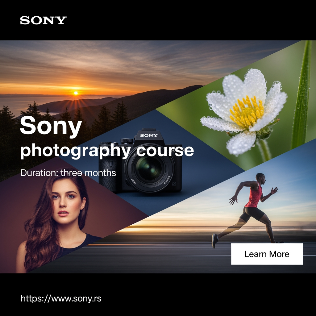 AI Design for The aim of the assignment is to come up with a conceptual solution for web banners for the Sony photography course, in three
different dimensions. Banners would appear on various sites and on You Tube
clips.
• The purpose of a banner is to interest viewers to click on it and see more
information about the course itself and, of course, to possibly apply for it.
• It is necessary to use attractive content to convey to observers what it would be like after completion
they could do the course themselves and thus attract them
Information that must be on the banners: (you can do otherwise
formulate the text, order of words but all information to be highlighted):
• Title: Sony photography course.
• Duration: three months.
• Web address: https://www.
sony
• Current Sony logo
.rs
• Photo or multiple photos, or composite as image content
• CTA (call-to-action) button that calls to action, (Read more, Sign up...)
• One banner must have animation, which will especially attract the attention of the observer and be in
style with other content
Dimensions and formats
●
●
●
Mandatory all three dimensions: (resolution 72px/in, color model: RGB):
300px x 250px
160px x 600px
728px x 90px
• JPG (or GIF for animation)
Mandatory formats for saving: (1 paper each in all three dimensions and in both formats, so
you place a total of 6 documents in the project folder):
• PSD (do not merge layers)
You can send your work to prof. Stanković for analysis during lectures, in JPEG format,
by the end of the current week at the latest.
Not allowed:
• Copy and imitate already existing solutions or use a template for similar ones
courses. Take the opportunity to create original work.
• Use the finished composite and another author's illustration for a complete one
image content of the banner. Create your own.
• Omit any required element or format, or element on
some format. i need 3 more banners.i need those pictures in that pixel formats that are in text i need 1 longer picture but not big