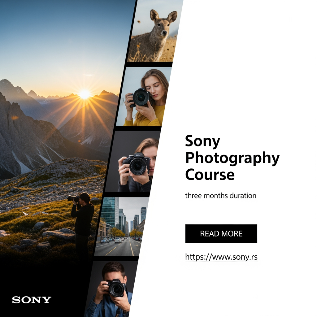 AI Design for The aim of the assignment is to come up with a conceptual solution for web banners for the Sony photography course, in three
different dimensions. Banners would appear on various sites and on You Tube
clips.
• The purpose of a banner is to interest viewers to click on it and see more
information about the course itself and, of course, to possibly apply for it.
• It is necessary to use attractive content to convey to observers what it would be like after completion
they could do the course themselves and thus attract them
Information that must be on the banners: (you can do otherwise
formulate the text, order of words but all information to be highlighted):
• Title: Sony photography course.
• Duration: three months.  
• Web address: https://www.
sony
• Current Sony logo
.rs
• Photo or multiple photos, or composite as image content
• CTA (call-to-action) button that calls to action, (Read more, Sign up...)
• One banner must have animation, which will especially attract the attention of the observer and be in
style with other content
Dimensions and formats
●
●
●
Mandatory all three dimensions: (resolution 72px/in, color model: RGB):
300px x 250px
160px x 600px
728px x 90px
• JPG (or GIF for animation)
Mandatory formats for saving: (1 paper each in all three dimensions and in both formats, so
you place a total of 6 documents in the project folder):
• PSD (do not merge layers)
You can send your work to prof. Stanković for analysis during lectures, in JPEG format,
by the end of the current week at the latest.
Not allowed:
• Copy and imitate already existing solutions or use a template for similar ones
courses. Take the opportunity to create original work.
• Use the finished composite and another author's illustration for a complete one
image content of the banner. Create your own.
• Omit any required element or format, or element on
some format.