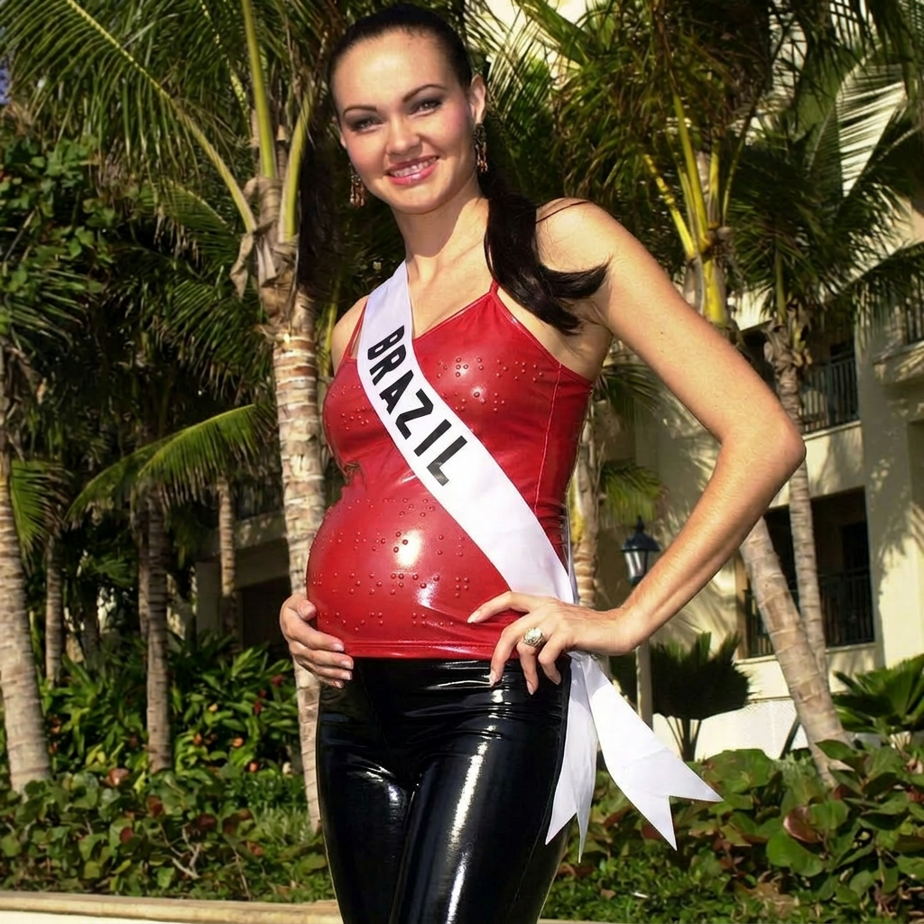 AI Design for make her stomach bigger and she is alone and her top is brail brazil
