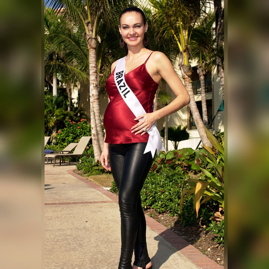 AI Design for she wears shiny fitted cami woman red tank top and she is pregnant and she wears black leather socks and black tight leather leggings