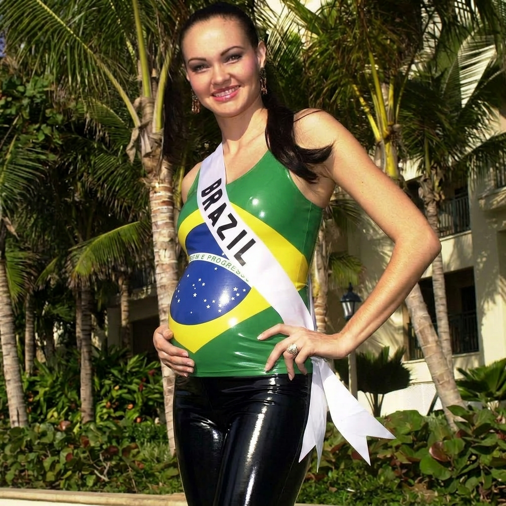 AI Design for make her stomach bigger and she is alone and her top is Brazilian flag