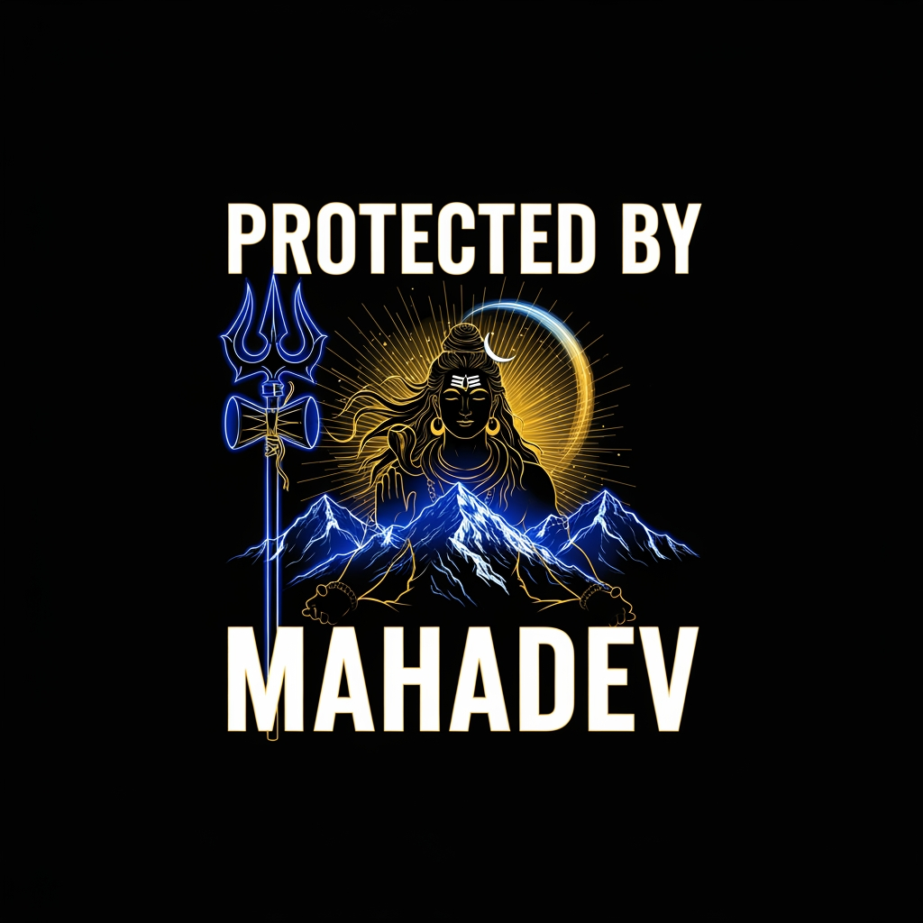 AI Design for Create a premium print-on-demand T-shirt design featuring the quote "Protected By Mahadev". 
Use bold modern typography with a powerful Lord Shiva inspired theme. 
Add a detailed trishul, Shiva silhouette, third eye symbol, Himalayan mountains and divine protection aura. 
Black background with glowing blue, gold and white accents. 
Professional vector artwork, clean lines, high contrast, centered composition, transparent PNG, no mockup, print ready.