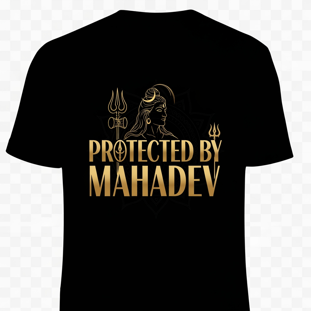 AI Design for Create a luxury streetwear T-shirt design with the phrase "Protected By Mahadev". 
Use elegant bold typography, minimal Shiva outline, trishul icon and subtle spiritual elements. 
Premium fashion brand style, black and gold color palette, clean vector design, balanced layout, transparent background, high quality POD artwork.
