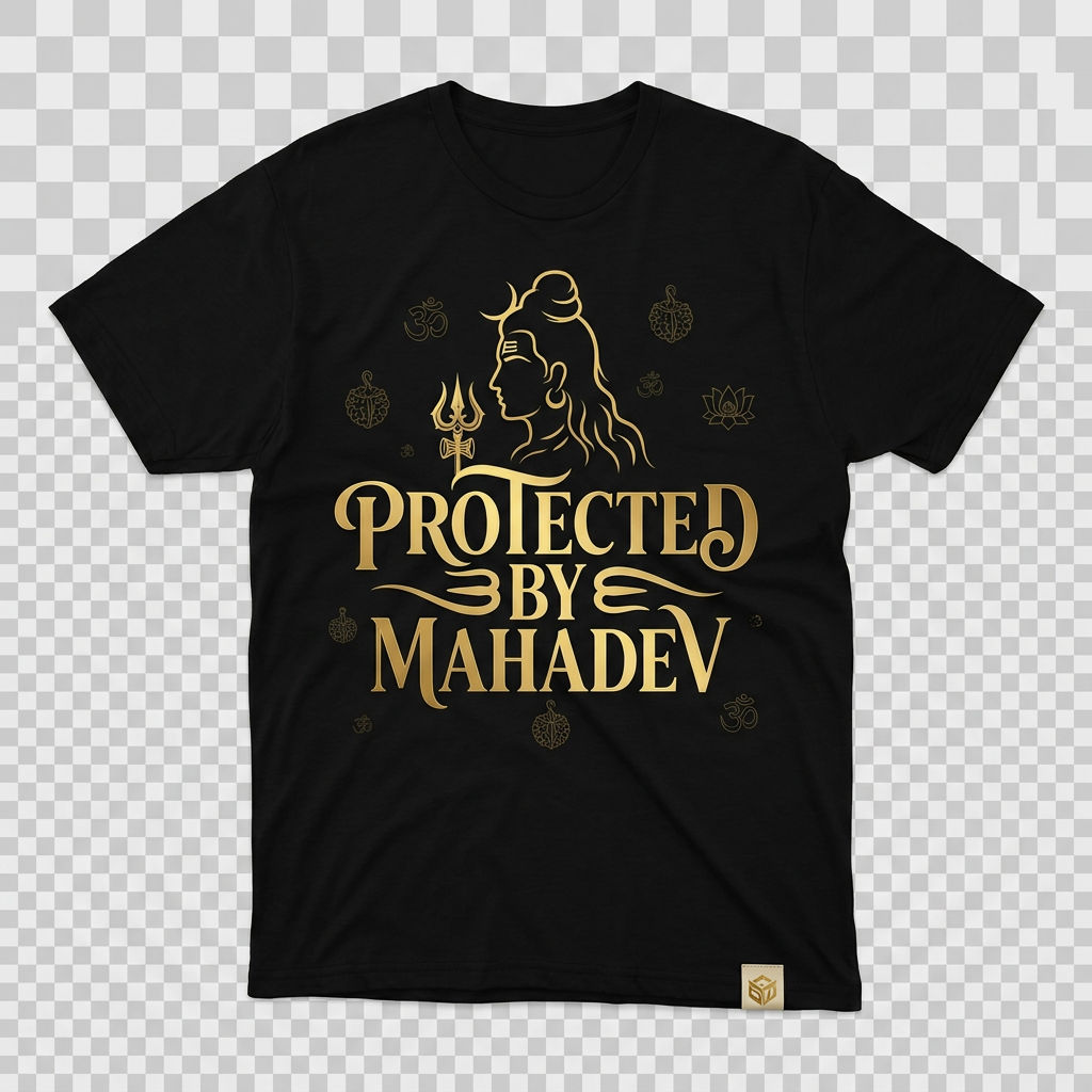 AI Design for Create a luxury streetwear T-shirt design with the phrase "Protected By Mahadev". 
Use elegant bold typography, minimal Shiva outline, trishul icon and subtle spiritual elements. 
Premium fashion brand style, black and gold color palette, clean vector design, balanced layout, transparent background, high quality POD artwork.