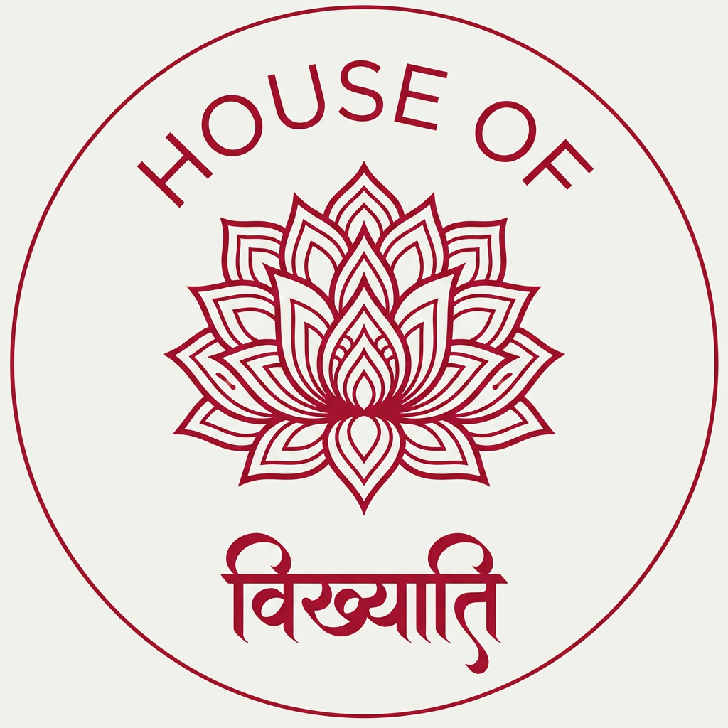 AI Design for A sophisticated, minimalist emblem logo for a brand named 'House of Vikhyati', featuring an elegant fusion of traditional Indian aesthetic and modern luxury. The design incorporates a stylized lotus motif or intricate mandala pattern rendered in a rich, deep crimson red against a clean, neutral background. The composition is balanced and symmetrical, designed specifically for high-impact clarity as an Instagram profile picture.