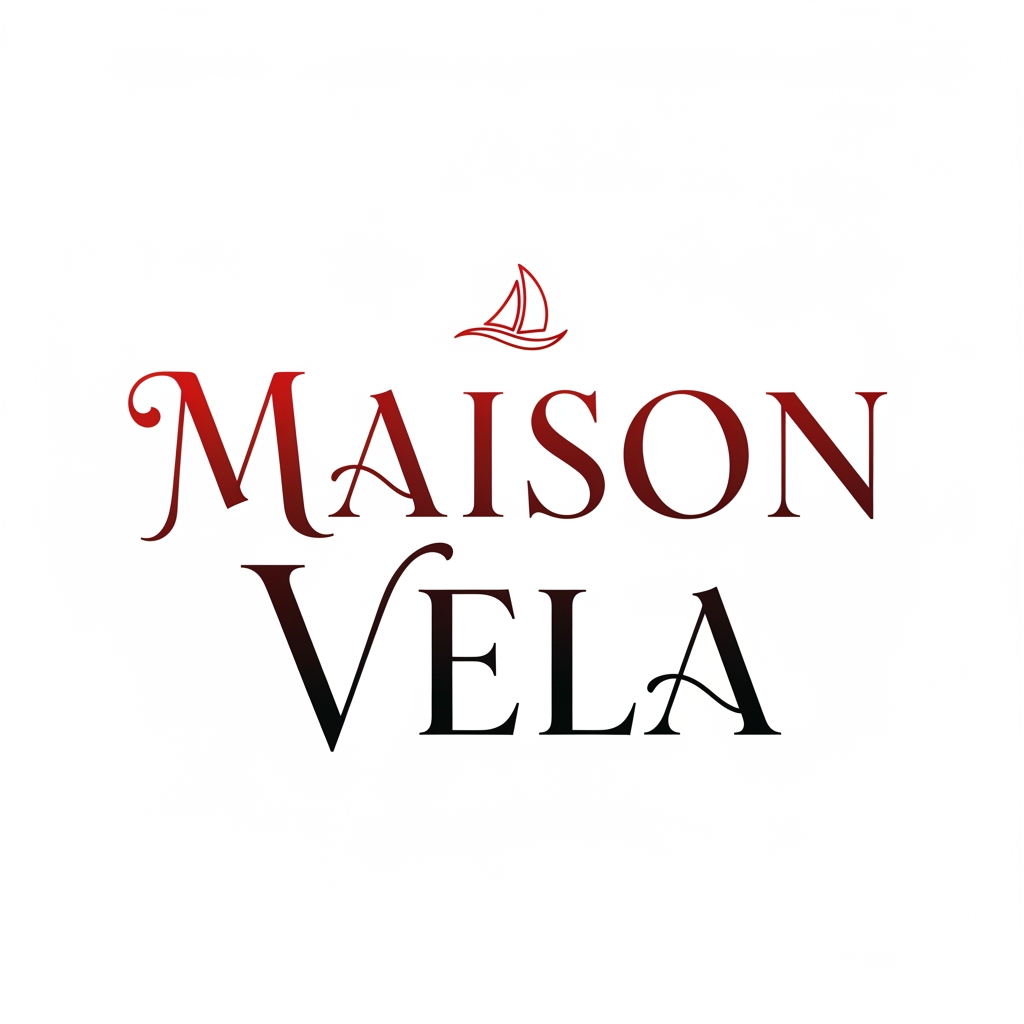 AI Design for creami un logo adatto per abiti,borse ecc... con scritto Maison Vela di colore rosso sfumato nel nero con una tipologia di carattere particolare