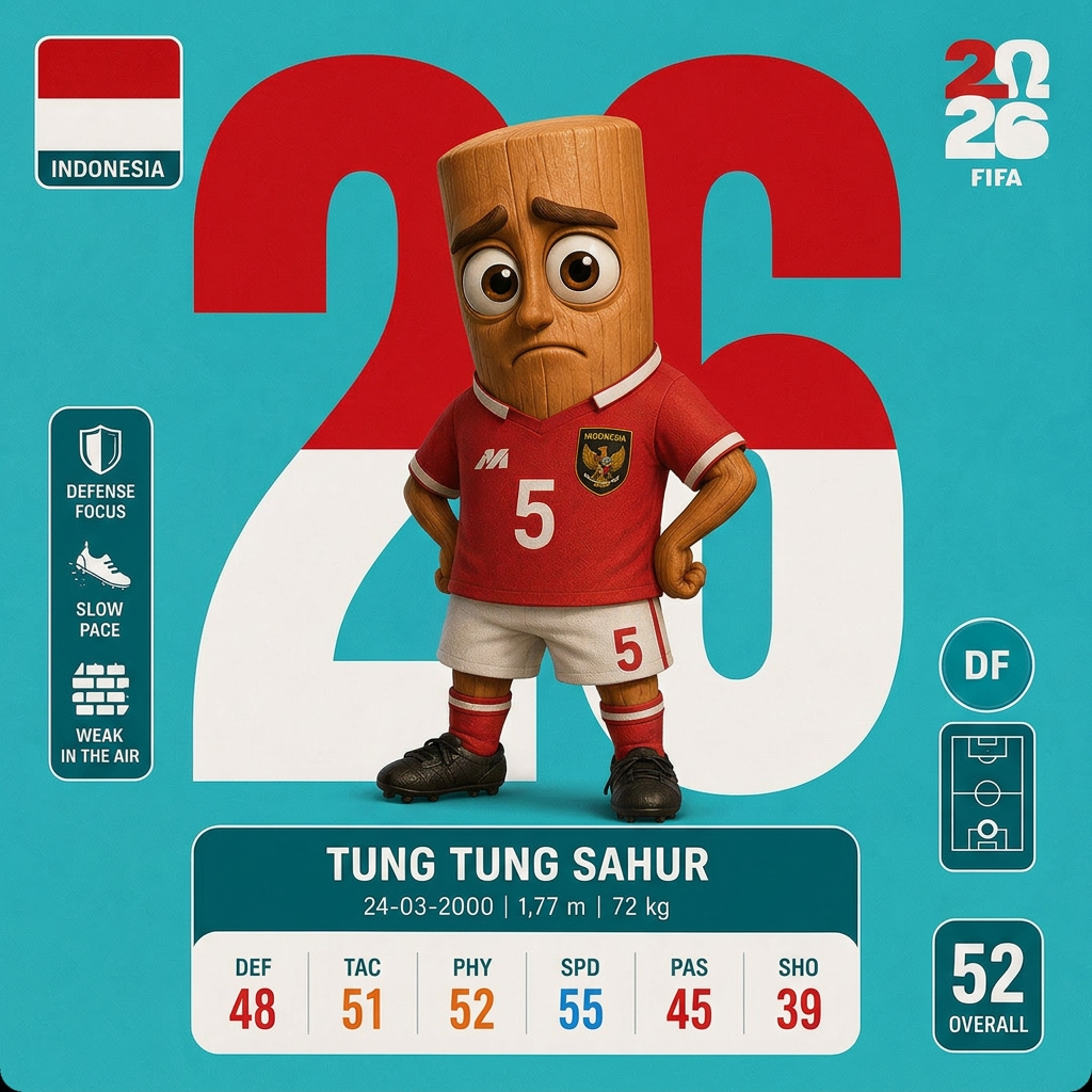 AI Design for el 26 detras de tung tung sahur que sea de los colores de indonesia