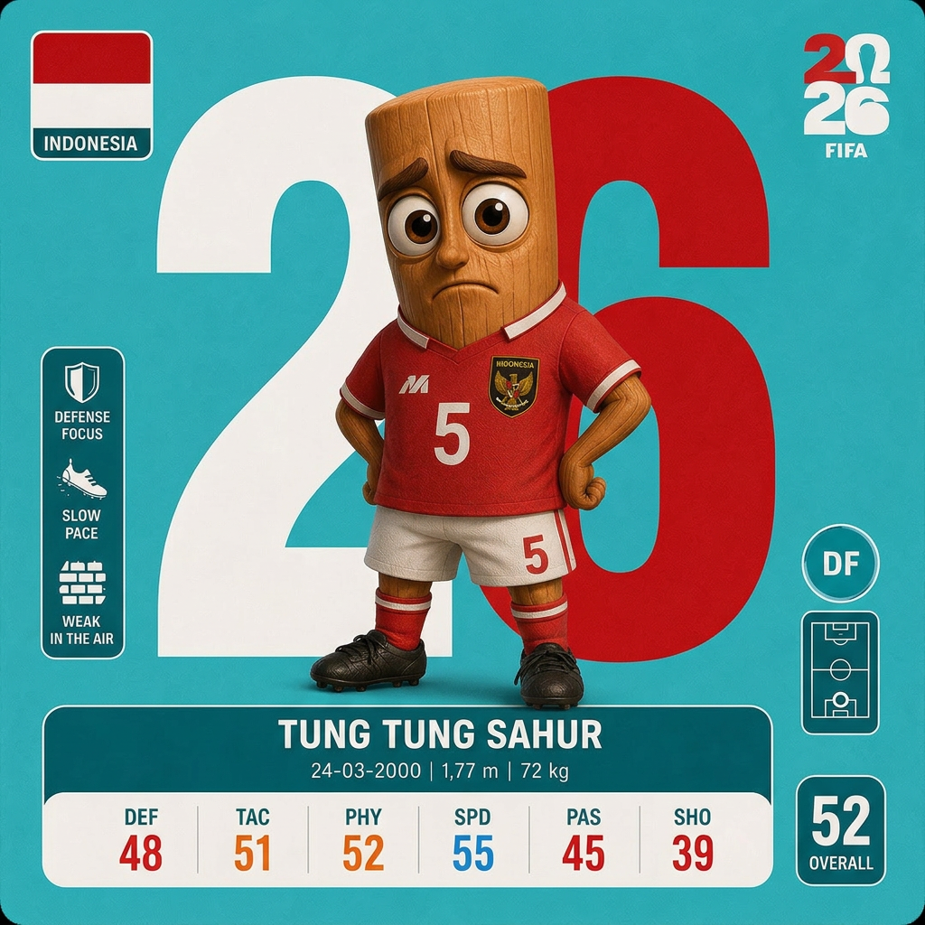 AI Design for que el 26 detras de tung tung sahur sea de los colores de INDONESIA y que tenga el modelo de 26 que tiene ahora