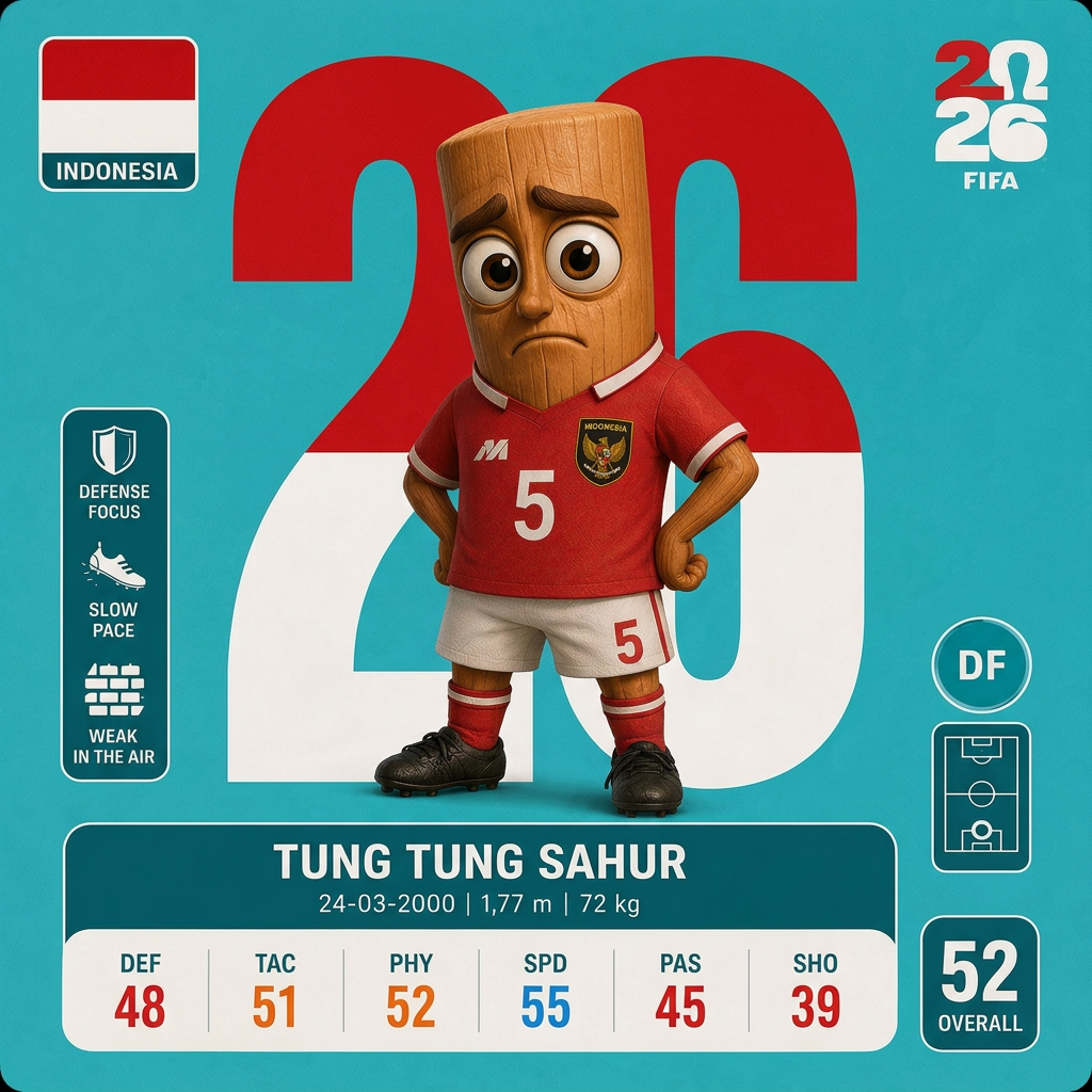 AI Design for el 26 detras de tung tung sahur que sea de los colores de indonesia