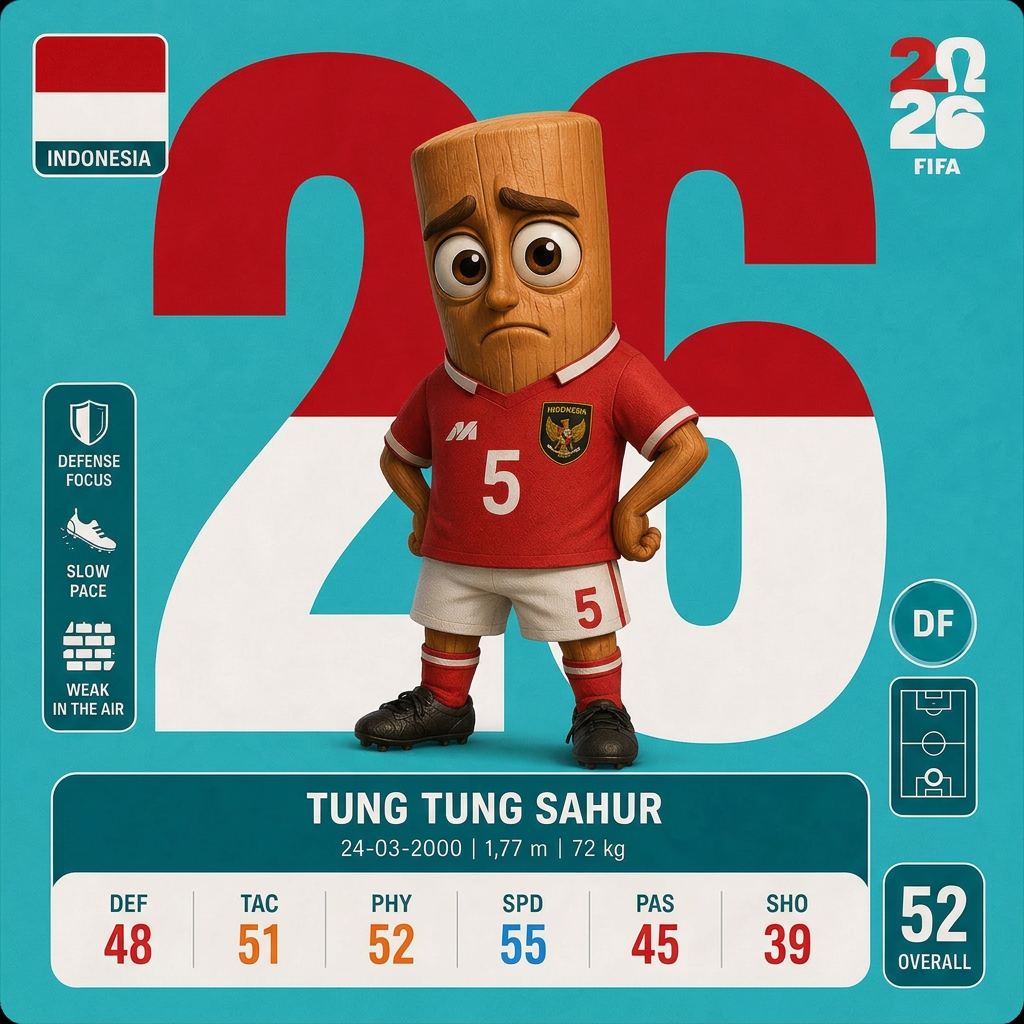 AI Design for el 26 detras de tung tung sahur que sea de los colores de indonesia