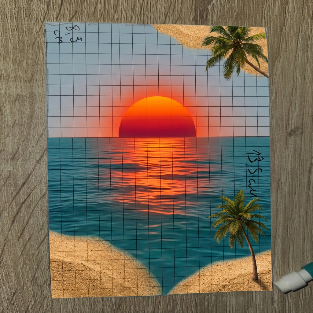 AI Design for вот такую, только без надписи по середине, чтоб были две пальмы по углам сверху снизу по углам песок по середине море и видно на половину солнце и чтобы оно отдавало оранжево красным цветом