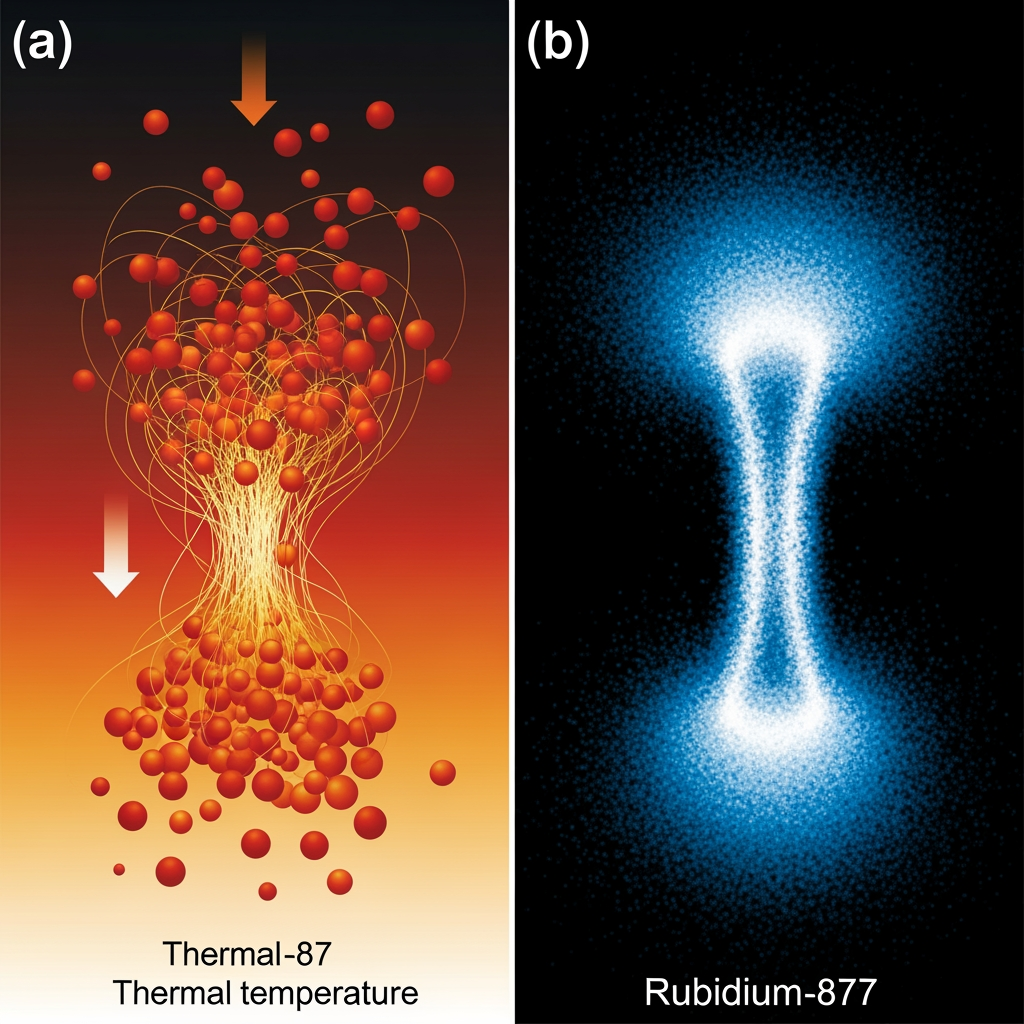 AI Design for A schematic showing thermal atoms transitioning into a Bose–Einstein Condensate as temperature decreases, or an experimental image of a Rubidium-87 BEC.