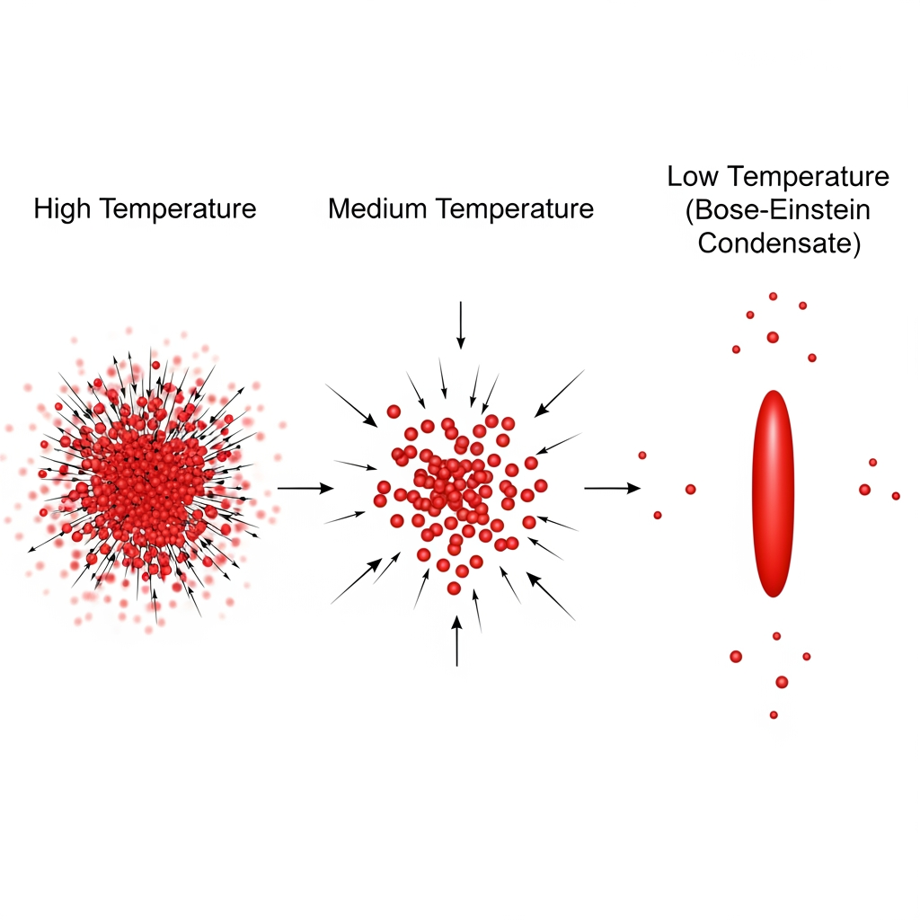 AI Design for A schematic showing thermal atoms transitioning into a Bose–Einstein Condensate as temperature decreases, or an experimental image of a Rubidium-87 BEC.