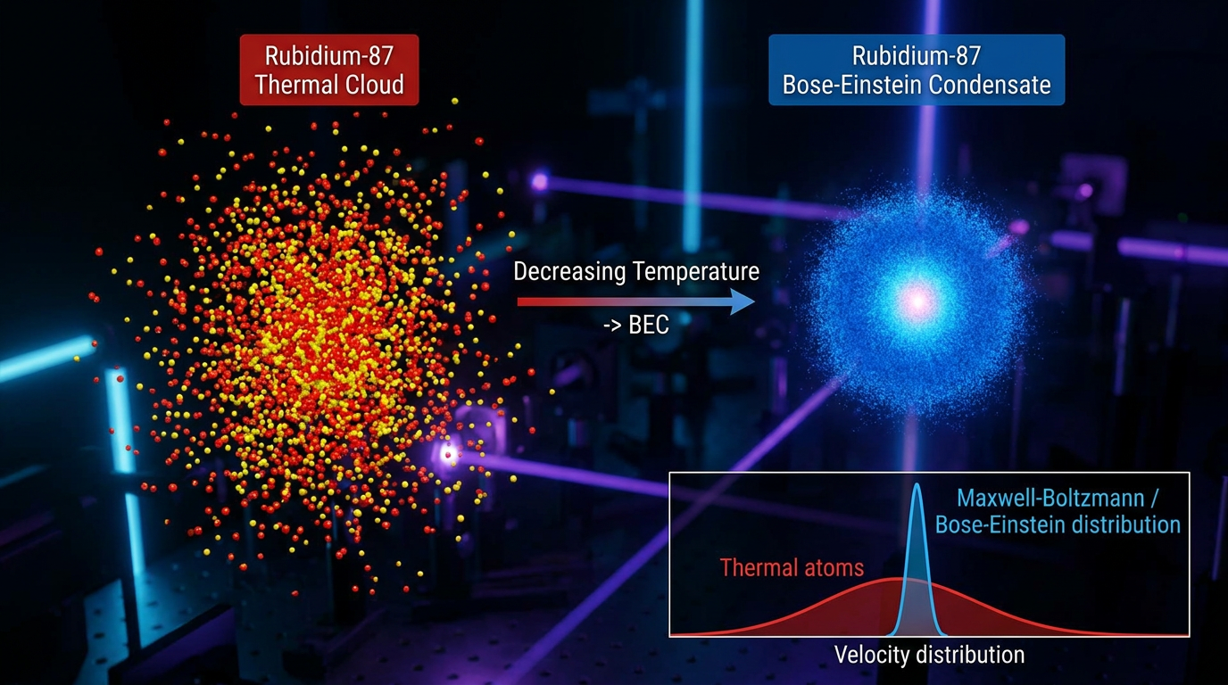 AI Design for A highly detailed scientific visualization showing the phase transition of a Rubidium-87 gas, depicting the shift from a chaotic, high-energy thermal cloud of atoms into a dense, ordered, and glowing central sphere representing a Bose–Einstein Condensate. The composition features a clean, dark laboratory background with subtle cool-toned blue and violet laser light accents, emphasizing the absolute zero temperature environment with a sharp focus on the quantum degenerate state.