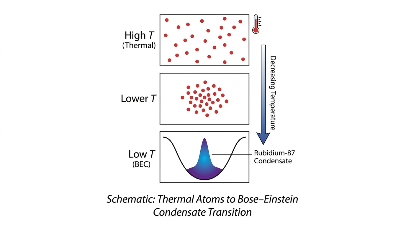 AI Design for A schematic showing thermal atoms transitioning into a Bose–Einstein Condensate as temperature decreases, or an experimental image of a Rubidium-87 BEC.with white background