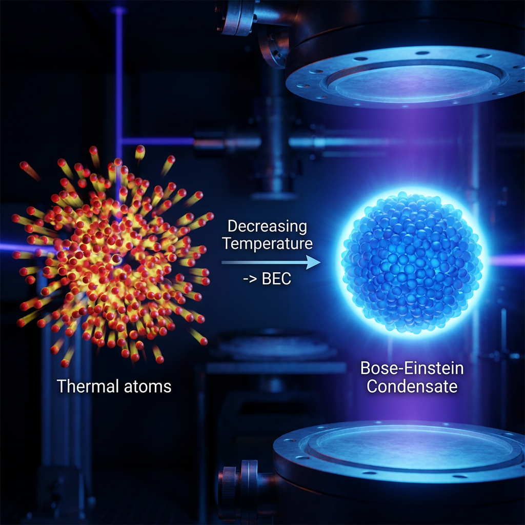 AI Design for A highly detailed scientific visualization showing the phase transition of a Rubidium-87 gas, depicting the shift from a chaotic, high-energy thermal cloud of atoms into a dense, ordered, and glowing central sphere representing a Bose–Einstein Condensate. The composition features a clean, dark laboratory background with subtle cool-toned blue and violet laser light accents, emphasizing the absolute zero temperature environment with a sharp focus on the quantum degenerate state.