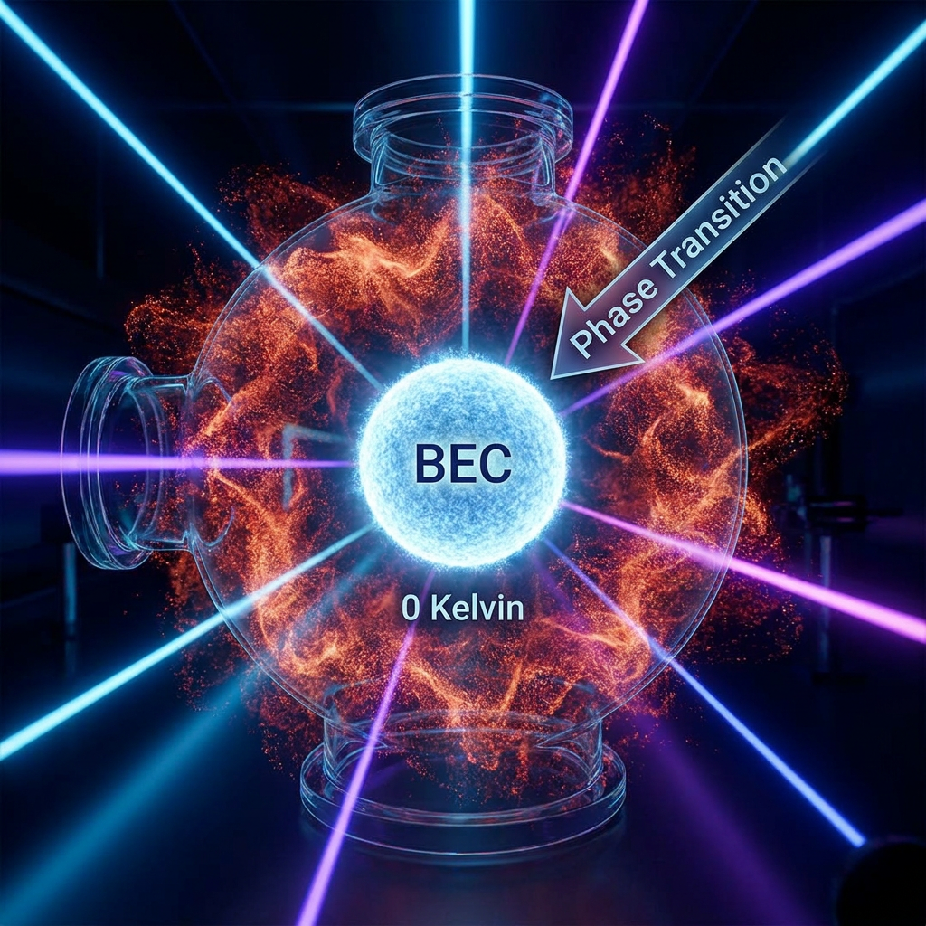 AI Design for A highly detailed scientific visualization showing the phase transition of a Rubidium-87 gas, depicting the shift from a chaotic, high-energy thermal cloud of atoms into a dense, ordered, and glowing central sphere representing a Bose–Einstein Condensate. The composition features a clean, dark laboratory background with subtle cool-toned blue and violet laser light accents, emphasizing the absolute zero temperature environment with a sharp focus on the quantum degenerate state.