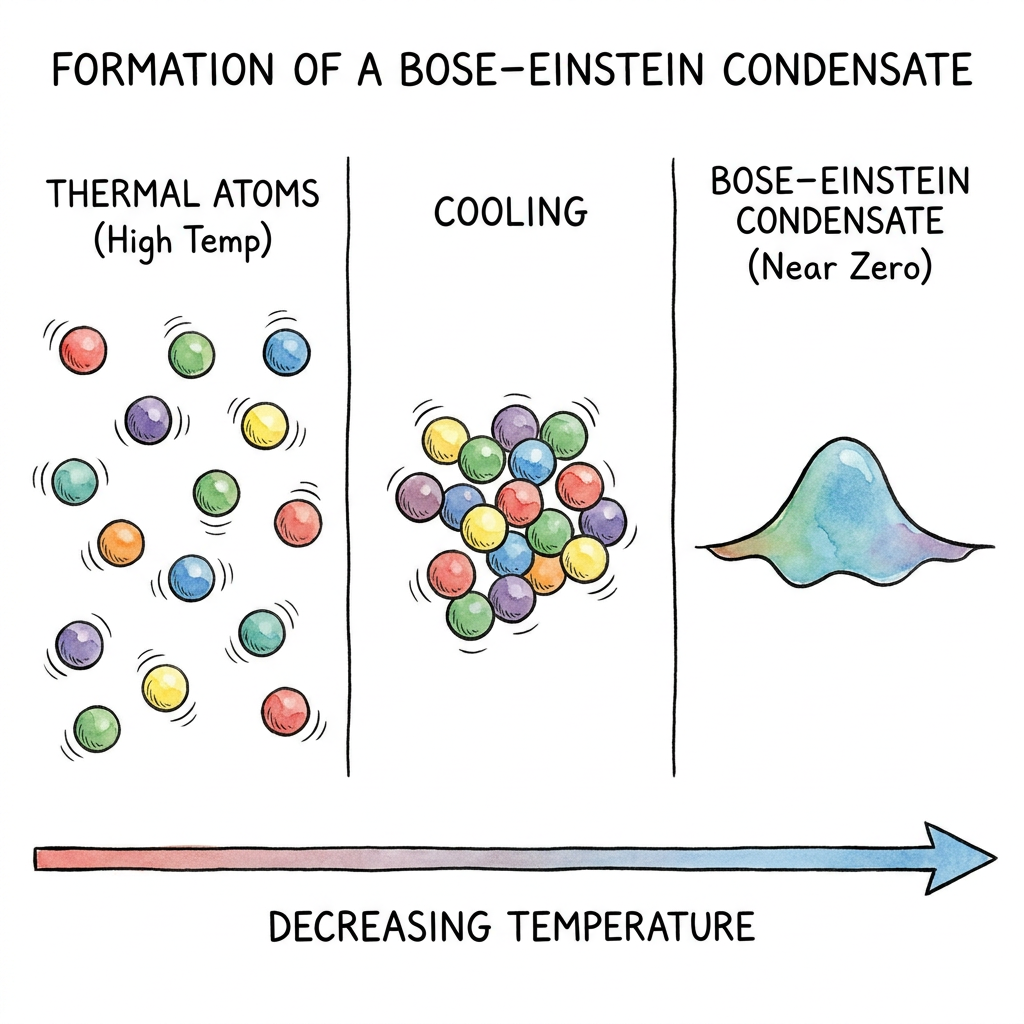 AI Design for Illustration showing thermal atoms transitioning into a Bose–Einstein condensate as temperature decreases.