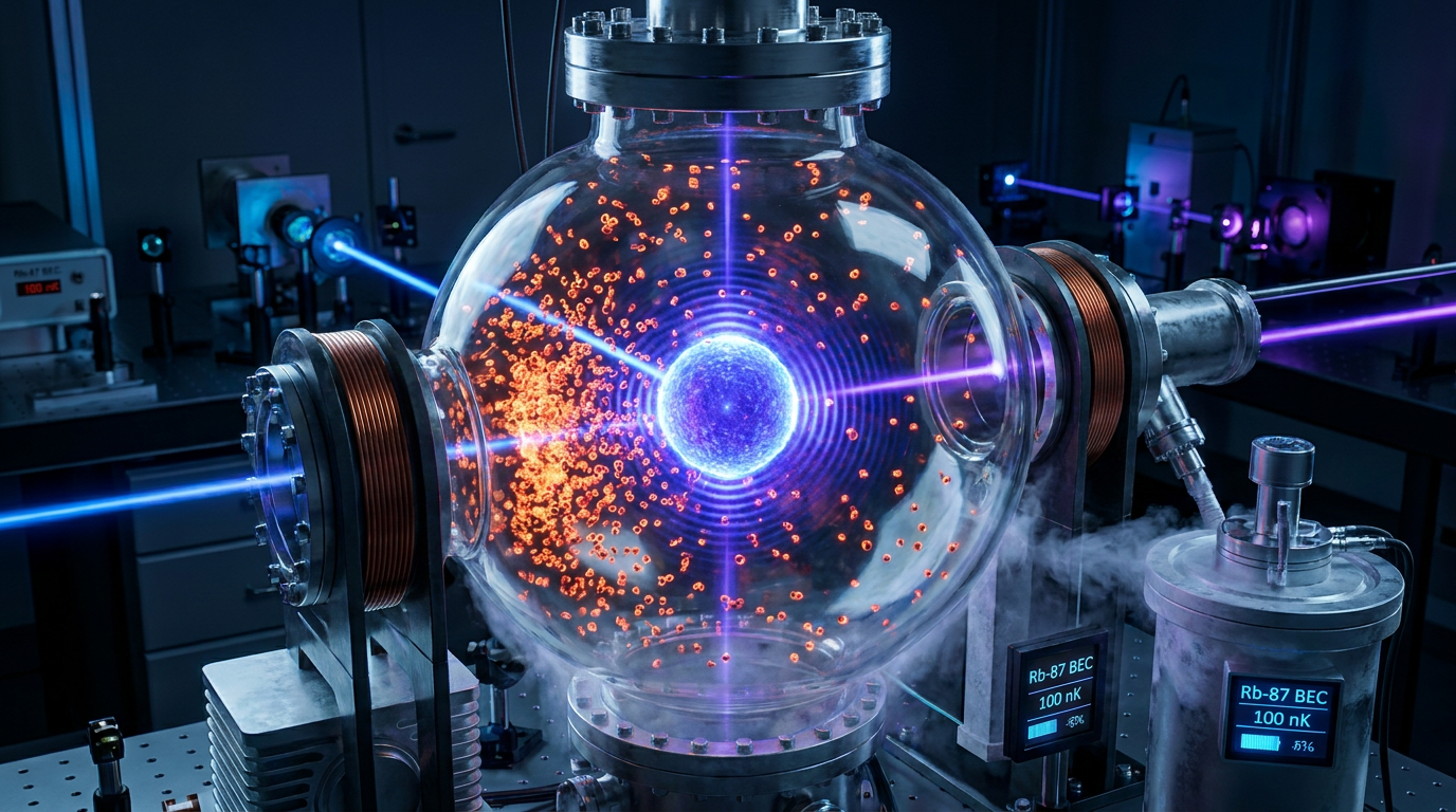 AI Design for A highly detailed scientific visualization showing the phase transition of a Rubidium-87 gas, depicting the shift from a chaotic, high-energy thermal cloud of atoms into a dense, ordered, and glowing central sphere representing a Bose–Einstein Condensate. The composition features a clean, dark laboratory background with subtle cool-toned blue and violet laser light accents, emphasizing the absolute zero temperature environment with a sharp focus on the quantum degenerate state.