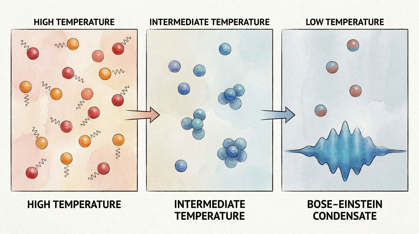 AI Design for Illustration showing thermal atoms transitioning into a Bose–Einstein condensate as temperature decreases.