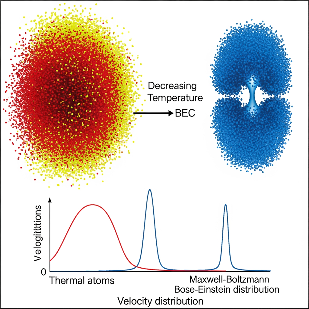 AI Design for A schematic showing thermal atoms transitioning into a Bose–Einstein Condensate as temperature decreases, or an experimental image of a Rubidium-87 BEC.