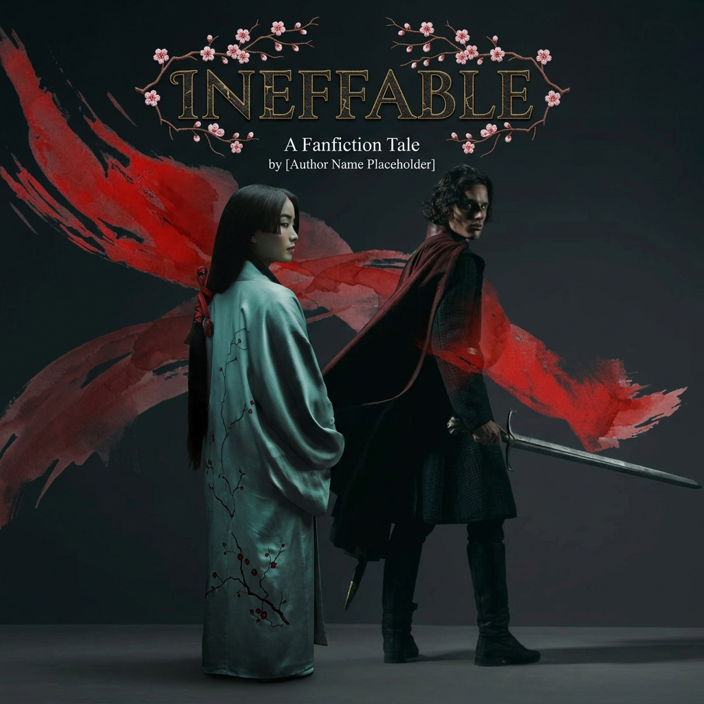 AI Design for make a fanfic cover. keep the second photos background, erase the background from the first photo and add the girl next to the boy. the title is ineffable