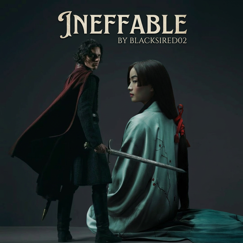 AI Design for make a fanfic cover. keep the second photos background, erase the background from the first photo and add the girl next to the boy. the title is ineffable by blacksired02 9:16 ratio