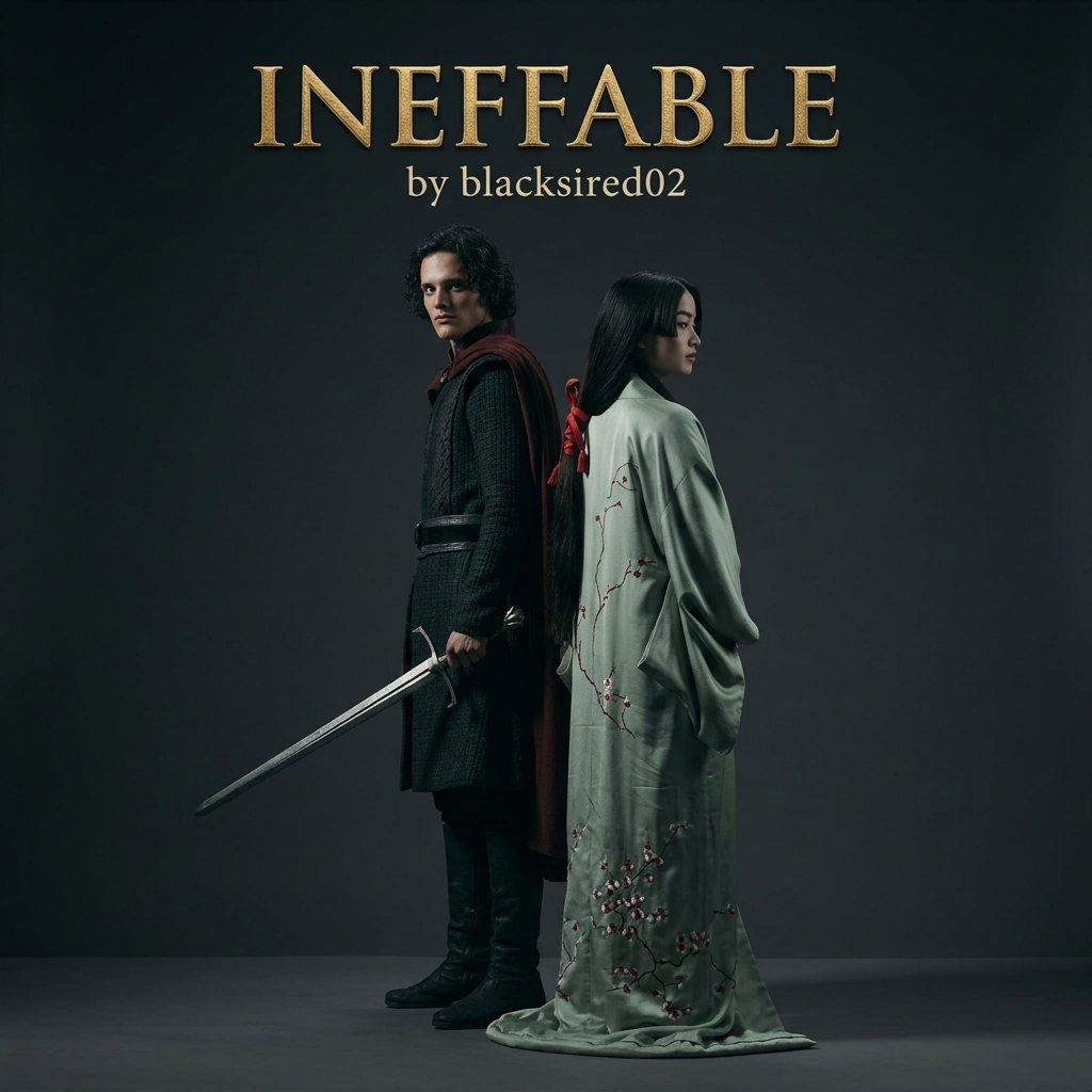AI Design for make a fanfic cover. keep the second photos background, erase the background from the first photo and add the girl next to the boy. the title is ineffable by blacksired02 9:16 ratio
