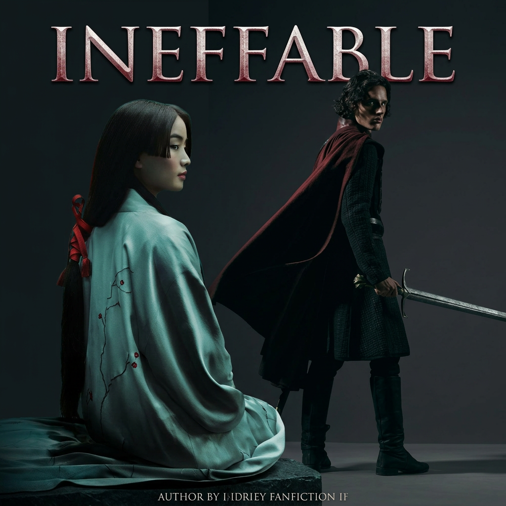 AI Design for make a fanfic cover. keep the second photos background, erase the background from the first photo and add the girl next to the boy. the title is ineffable