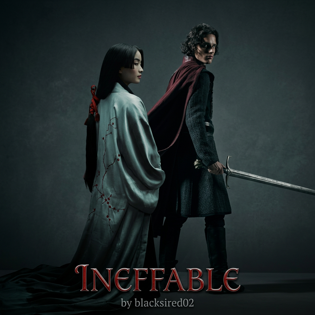 AI Design for make a fanfic cover. keep the second photos background, erase the background from the first photo and add the girl next to the boy. the title is ineffable by blacksired02 9:16 ratio
