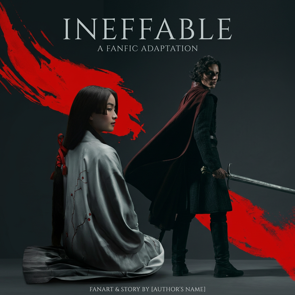 AI Design for make a fanfic cover. keep the second photos background, erase the background from the first photo and add the girl next to the boy. the title is ineffable