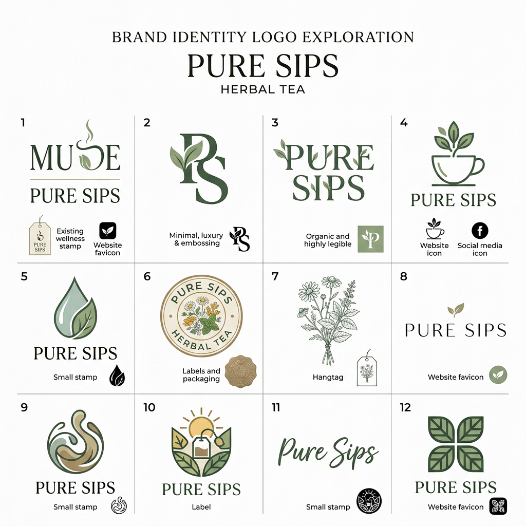 AI Design for Design a professional logo exploration sheet for a premium herbal tea brand named "PURE SIPS".
Create 12 distinct logo concepts displayed on a clean white presentation board, arranged like a professional branding agency logo development page.
Include the following design directions:
Existing Logo Upgrade
Refine and modernize the current logo
Cleaner typography
Better proportions and balance
Premium wellness aesthetic
Minimal and contemporary
Retain brand recognition while making it more sophisticated
Tea Leaf Monogram
Combine the letters P and S into a monogram
Integrate herbal leaves organically
Elegant and premium
Suitable for packaging and embossing
Botanical Wordmark
Custom typography
Letters subtly formed with tea leaves and herbal stems
Organic yet highly legible
Modern wellness brand aesthetic
Tea Cup Symbol
Minimal tea cup icon
Steam transforming into leaves
Simple geometric construction
Luxury tea branding
Droplet + Leaf Concept
Water droplet merged with a herbal leaf
Symbolizing purity and infusion
Clean, scalable, modern logo
Circular Seal Logo
Premium badge style
Herbal illustrations surrounding typography
Artisan tea company feel
Suitable for labels and packaging
Handcrafted Herbal Illustration
Delicate botanical sketch
Chamomile, mint, tulsi, or herbal elements
Elegant line-art style
Natural and authentic
Minimal Luxury Logo
Fashion-brand-inspired typography
Similar sophistication to luxury wellness brands
Minimal icon
High-end retail appeal
Abstract Tea Infusion Symbol
Abstract fluid shape representing brewing and infusion
Contemporary branding style
Distinctive and memorable
Nature Emblem
Sun, leaf, and tea element combined
Communicates wellness and natural origins
Balanced geometric construction
Organic Script Logo
Handwritten premium signature style
Soft, approachable, calming
Wellness-focused visual language
Modern Geometric Symbol
Bold simplified icon
Leaf-inspired geometry
Strong brand recognition
Suitable for digital, packaging, and merchandising
Color Directions:
Sage green
Forest green
Herbal green
Warm beige
Soft cream
Earth brown
Muted gold accents
Optional monochrome versions
Style:
Premium herbal tea brand, modern wellness identity, minimalist luxury, clean vector graphics, professional branding presentation, logo design case study, multiple iterations, agency-quality logo exploration, highly refined typography, scalable, packaging-ready, brand identity design.
A custom serif wordmark beneath it for a premium herbal/apothecary feel.
This gives you a logo that works as a small packaging stamp, emboss, hangtag, website favicon, and social media icon while still feeling distinctive.