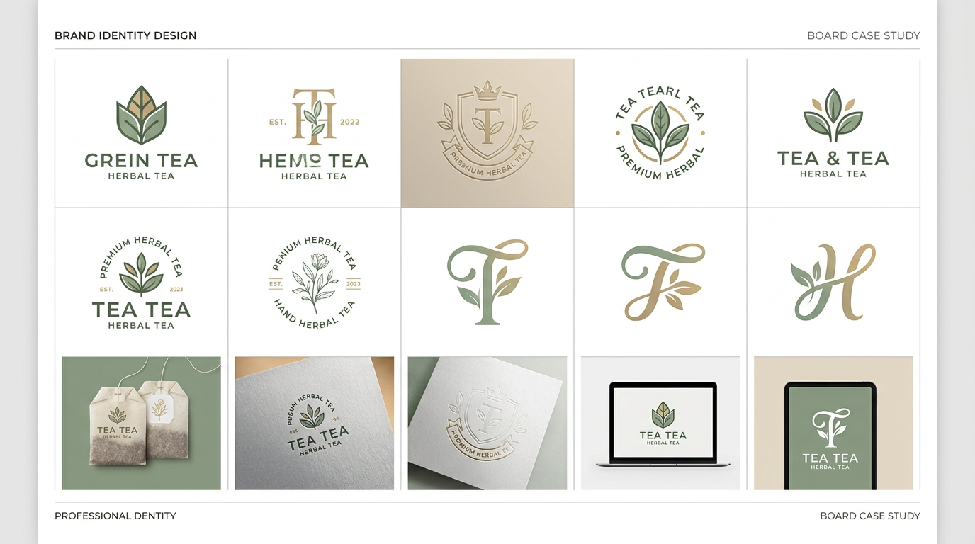 AI Design for A professional brand identity design sheet for a premium herbal tea brand, displaying 12 distinct, high-end logo concepts on a clean white presentation board. The concepts feature a refined mix of minimalist typography, elegant botanical monograms, tea-leaf-infused emblems, and fluid abstract symbols, utilizing a sophisticated palette of sage green, warm beige, and muted gold accents. The layout follows a professional branding agency case study style, showcasing vector-quality designs that range from modern geometric icons to delicate hand-drawn botanical illustrations, all optimized for luxury packaging, embossing, and digital use.
