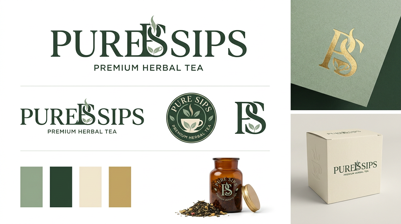 AI Design for A comprehensive professional branding presentation board for a premium herbal tea brand named PURE SIPS, showcasing a collection of minimalist, high-end logo concepts. The designs emphasize intelligent negative-space typography, featuring interlocking P and S monograms where leaves, tea cups, and steam are subtly revealed within the letterforms. The aesthetic is clean and Scandinavian-inspired, utilizing a sophisticated palette of sage green, deep forest green, warm cream, and muted gold accents. The presentation includes a variety of vector-style logo marks and elegant serif wordmarks on a pristine white background, suitable for luxury packaging, embossing, and apothecary-style branding.
