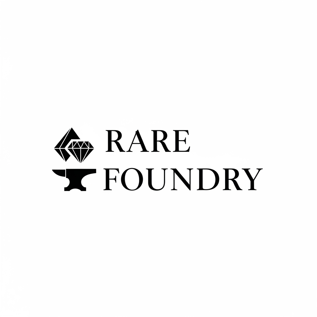 AI Design for Minimalist luxury brand logo for "Rare Foundry", a jewellery and home utilities brand. Black on white. Serif wordmark with a small geometric diamond or forge-anvil icon mark to the left. Clean, editorial, high-end. No gradients, no color. Similar to brands like Aesop or Celine. Vector style.