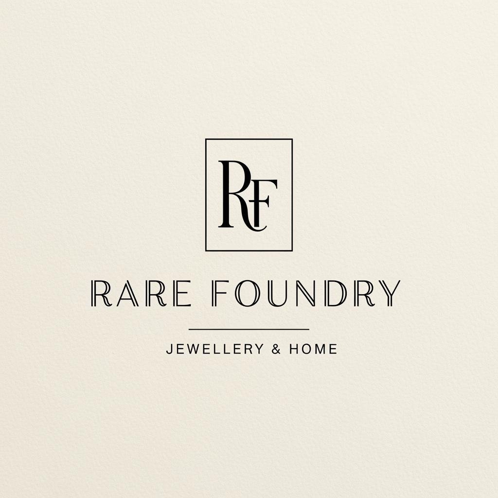 AI Design for A minimal luxury brand logo for "Rare Foundry". Interlocked RF monogram lettermark inside a fine square border frame. Below the mark, the wordmark "RARE FOUNDRY" in wide-tracked thin serif capitals — Cormorant or Didot style. Below that, a hairline rule with "JEWELLERY & HOME" in micro spaced sans-serif. Entire composition in black on off-white warm paper background. No color, no gradients, no decoration. Aesthetic references: Celine, The Row, Aesop, Bottega Veneta. Vector logo, print quality.