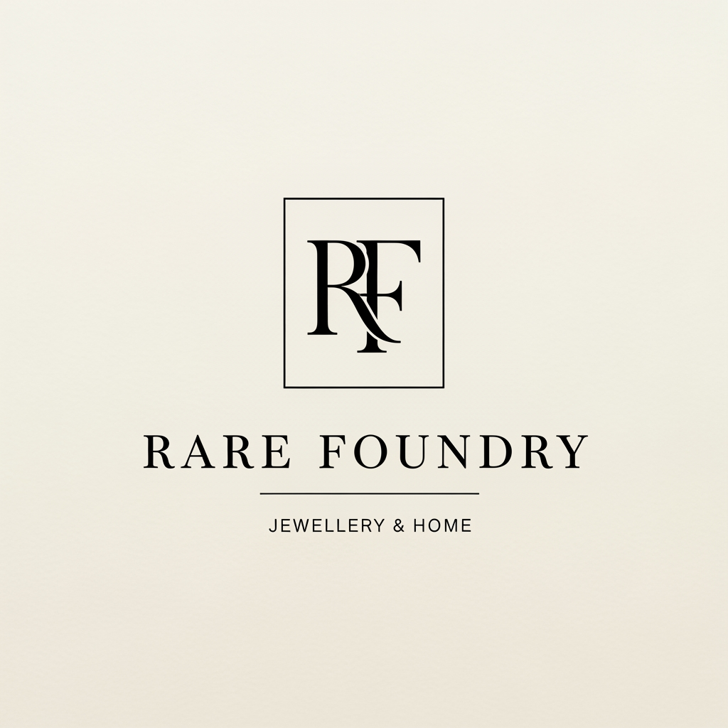 AI Design for A minimal luxury brand logo for "Rare Foundry". Interlocked RF monogram lettermark inside a fine square border frame. Below the mark, the wordmark "RARE FOUNDRY" in wide-tracked thin serif capitals — Cormorant or Didot style. Below that, a hairline rule with "JEWELLERY & HOME" in micro spaced sans-serif. Entire composition in black on off-white warm paper background. No color, no gradients, no decoration. Aesthetic references: Celine, The Row, Aesop, Bottega Veneta. Vector logo, print quality.
