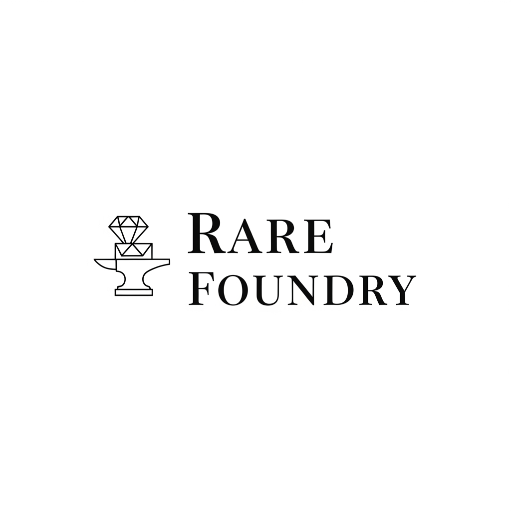AI Design for Minimalist luxury brand logo for "Rare Foundry", a jewellery and home utilities brand. Black on white. Serif wordmark with a small geometric diamond or forge-anvil icon mark to the left. Clean, editorial, high-end. No gradients, no color. Similar to brands like Aesop or Celine. Vector style.