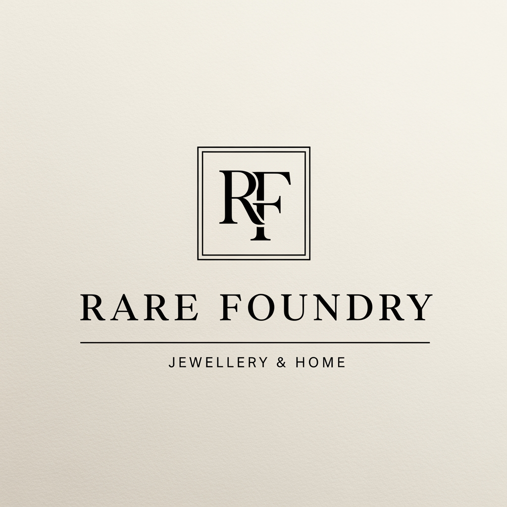 AI Design for A minimal luxury brand logo for "Rare Foundry". Interlocked RF monogram lettermark inside a fine square border frame. Below the mark, the wordmark "RARE FOUNDRY" in wide-tracked thin serif capitals — Cormorant or Didot style. Below that, a hairline rule with "JEWELLERY & HOME" in micro spaced sans-serif. Entire composition in black on off-white warm paper background. No color, no gradients, no decoration. Aesthetic references: Celine, The Row, Aesop, Bottega Veneta. Vector logo, print quality.