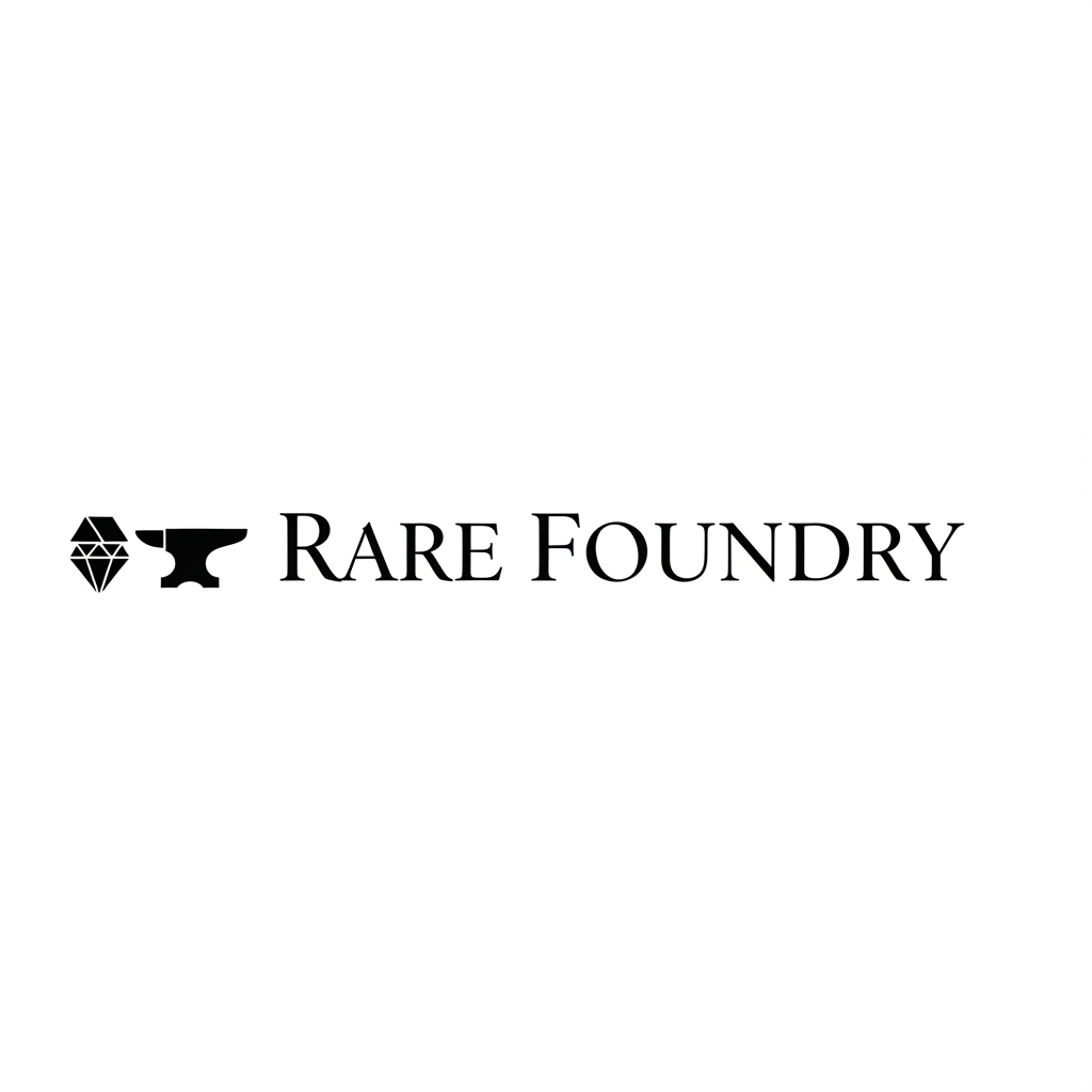 AI Design for Minimalist luxury brand logo for "Rare Foundry", a jewellery and home utilities brand. Black on white. Serif wordmark with a small geometric diamond or forge-anvil icon mark to the left. Clean, editorial, high-end. No gradients, no color. Similar to brands like Aesop or Celine. Vector style.