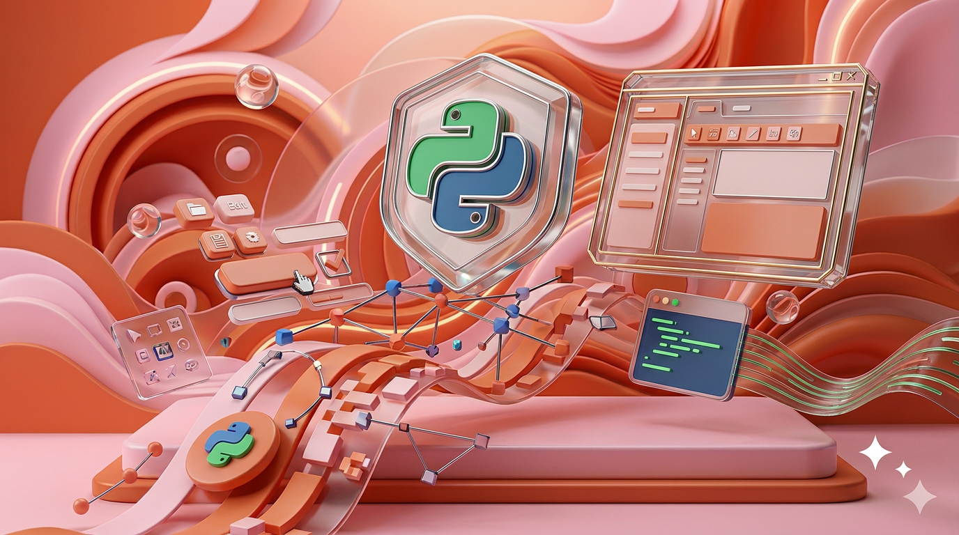 AI Design for Сгенерируй заставку для курса "Python. Разработка оконных приложений".
Заставка 3д, без названия, с 3д графическими элементами. по теме курса.
Заставка должна быть динамичной с 3д логотипом
Картинку используй как референс но нарисуй ПОЛНОСТЬЮ новую заставку. Сделай ее в цветах с референса
Измени ПОЛНОСТЬЮ визуал, а не просто логотип